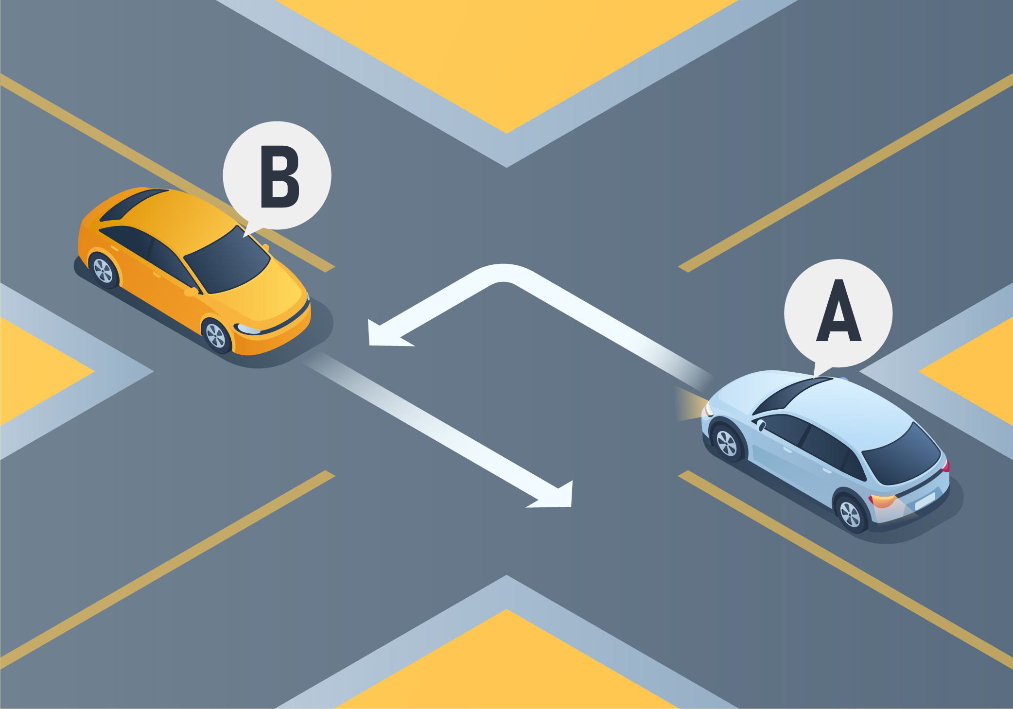 Intersections and Turns - Who must yield the right-of-way to the other in the situation below?