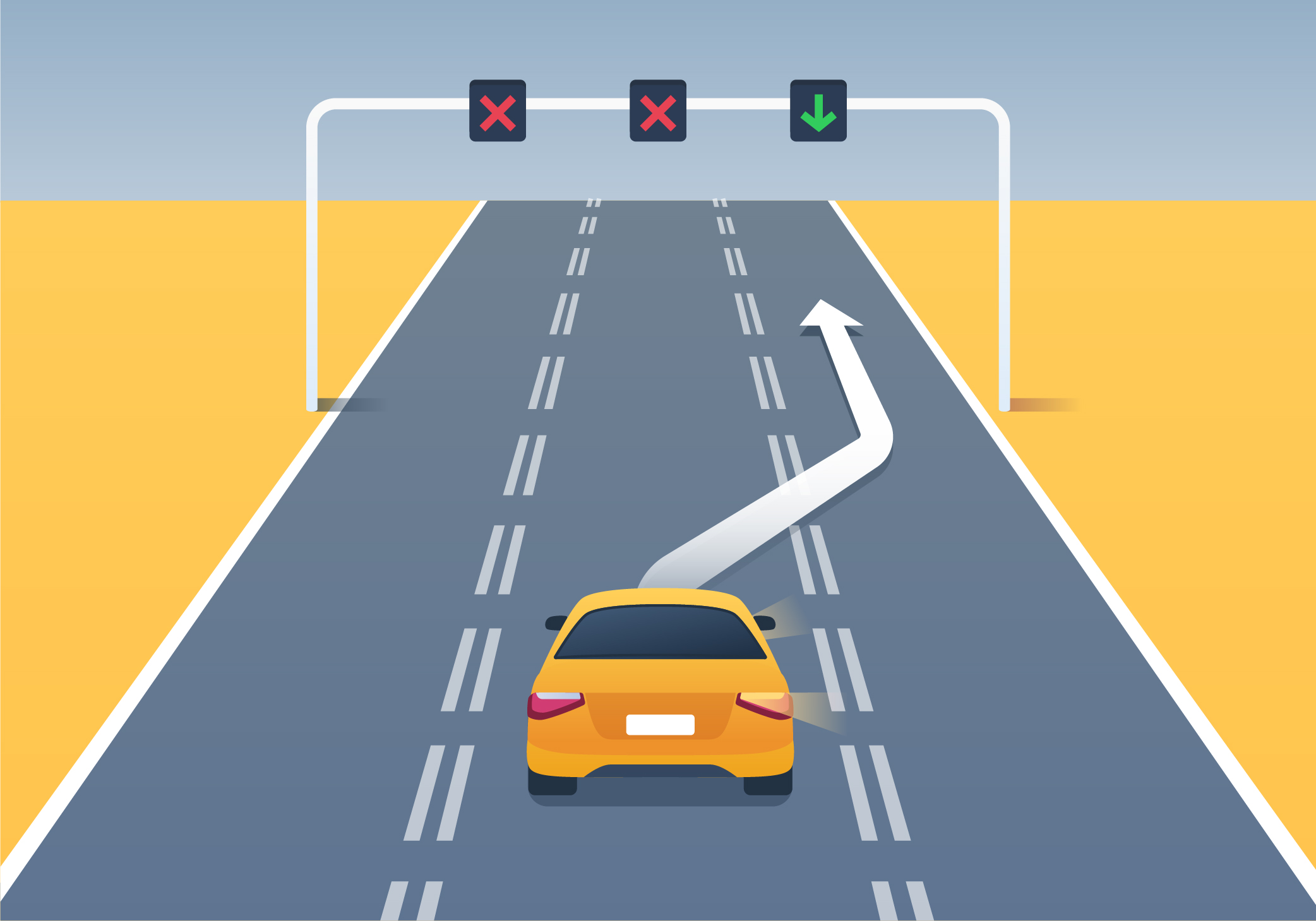 Stopping - When a red “X” is indicated over a driving lane, you should: