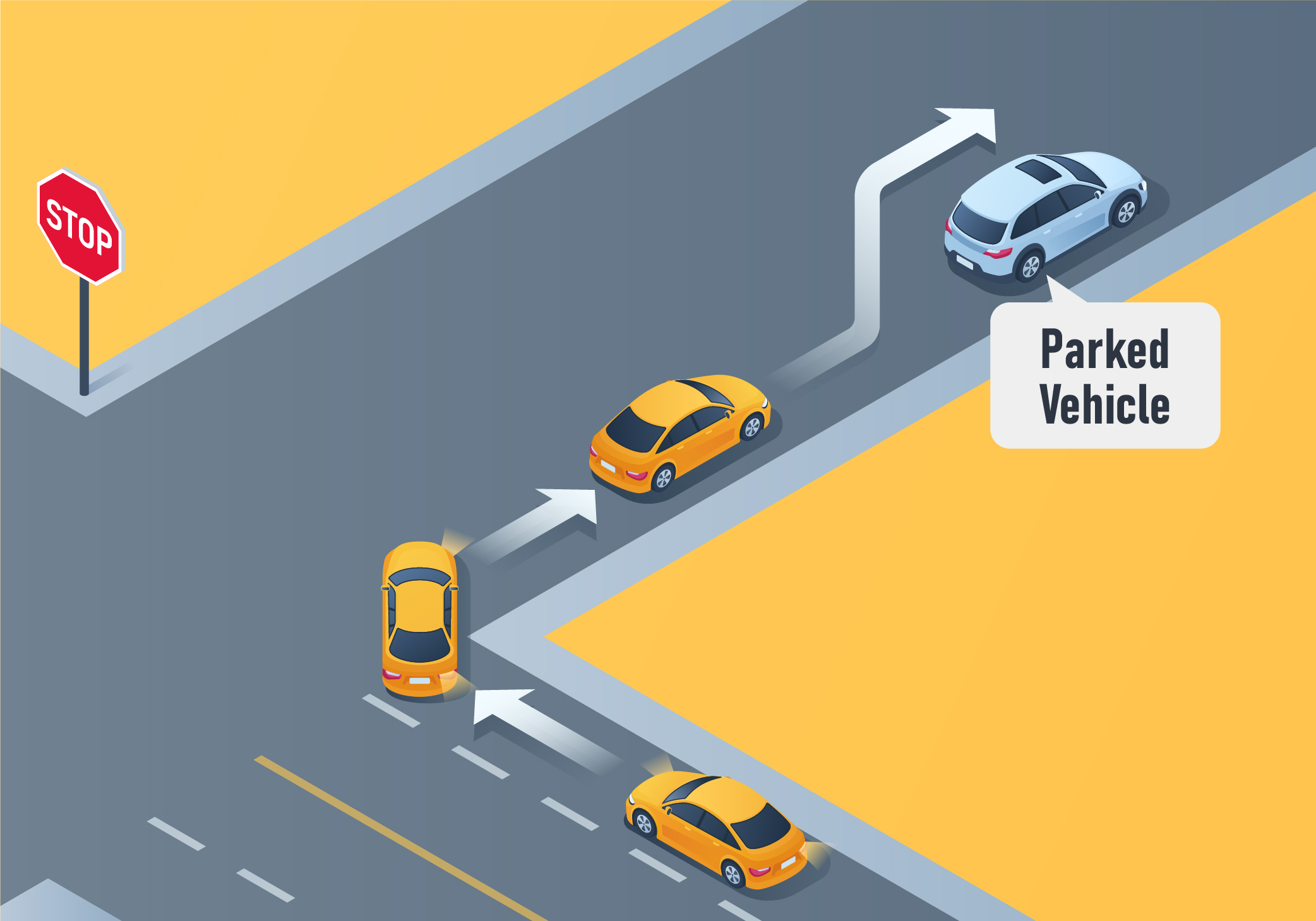 Changing directions - How should you make a turn if there is a parked vehicle or obstruction present in the lane you are about to move into?