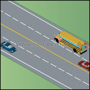 At what point are you allowed to continue to drive passed a school bus whose flashing lights and warning device are activated and you are driving toward the school bus from the front? - At what point are you allowed to continue to drive passed a school bus whose flashing lights and warning device are activated and you are driving toward the school bus from the front?