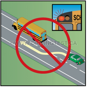 Test 3 - Under what circumstances can you pass a stopped school bus with their red flashing lights on?